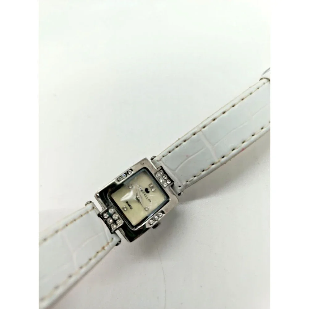 Vincelle Women’s Watch White Band Silver Tone Rhinestone Accent Needs Battery